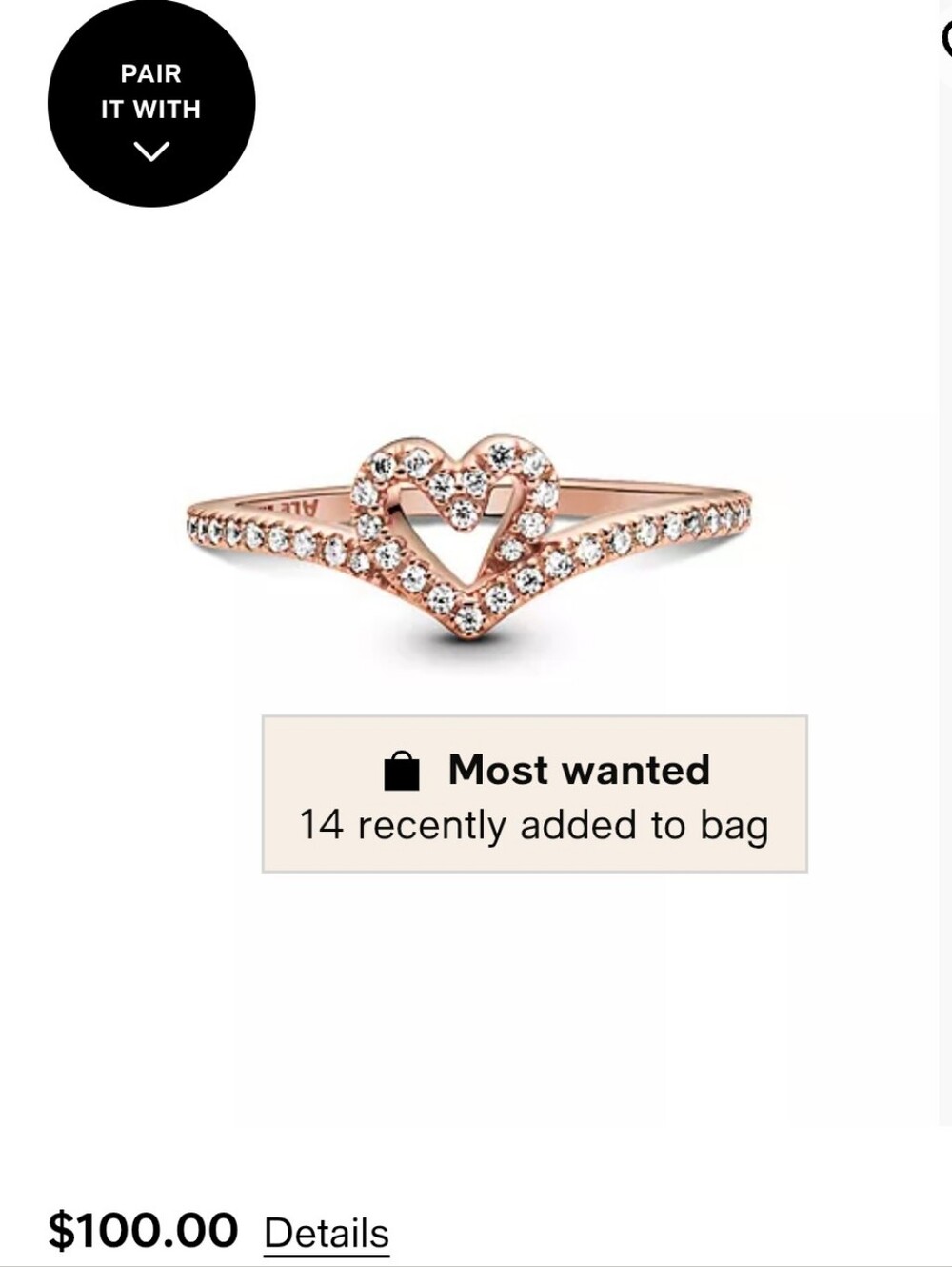 Pandora Rose Gold Heart Pavé Stackable Ring Size 8